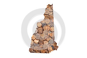 New Hampshire State Map Outline and United States Money Concept, Piles of One Cent Coins, Pennies