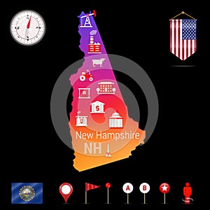 New Hampshire Vector Map, Night View. Compass Icon, Map Navigation Elements. Pennant Flag of the USA. Industries Icons