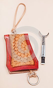 New hand made carved leather purse for keys photo