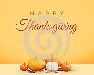 New Happy Thanksgiving Banner with 3D rendered Pumpkins and Leaves. Festival