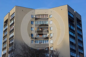 New high modern constructed city buildings over clear cloudless