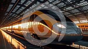 New high-speed modern train parked on a track in a railway station, Train is parked at train platform, Train transport