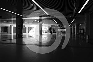 The new high-speed railway station basement hall black and white image