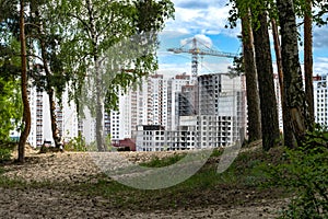 New highrises district with a constuction crain on the edge of woodland