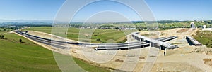 New Highway Zakopianka in Poland under construction. Wide aerial panorama