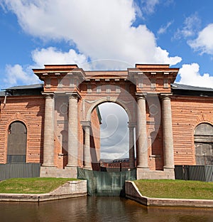 New Holland Arch on territory of Admiralty Island - modern recreation park in historical center of town of Saint Petersburg,