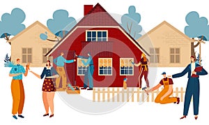 New home building and moving, real estate agent, happy couple with key and workers painting new cottage cartoon vector