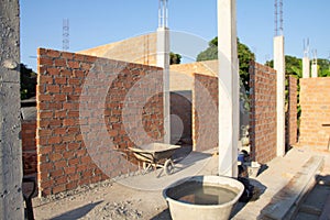 New home Construction Building site. with brick  and pillar the House sky background. no people