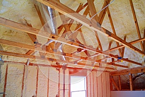 New home construction with installation of heating system on the roof of the pipe