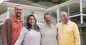 New home, couple and senior parents hug excited for house, property and residence together. Happy family, love and men