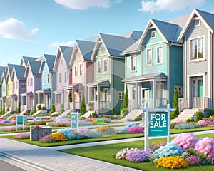 New Home House Construction Subdivision Row Pastel Colors For Sale AI Generated