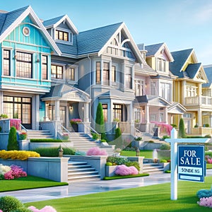 New Home House Construction Subdivision Row Pastel Colors For Sale AI Generated