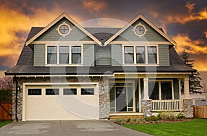 New Home House Exterior Dramatic Stormy Sunset Sky Background