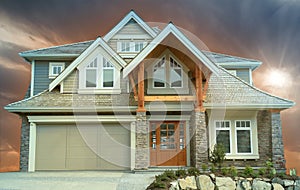 New Home House Exterior Dramatic Sunset Sky Construction