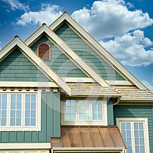 New Home House Green Siding Exterior Roof Peak Details Cloudy Sky Background