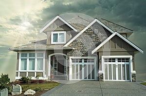 New Home House Stucco Exterior Dramatic Cloudy Sky Background