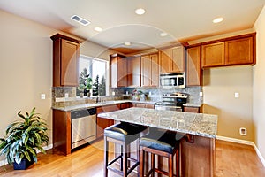 New home kitchen interior with dark brown cabinets.