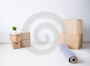 New home, moving and relocation concept - Cardboard boxes and white pot with green plant on white room background with
