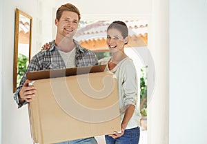 New home, portrait or happy couple with box for moving or excited for investment in real estate. Man, woman and proud