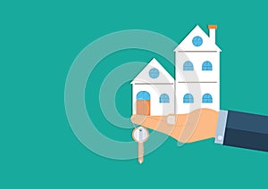 New home and real estate concept, Vector illustration EPS10 of Businessman holding model house and a key on green background, Fina