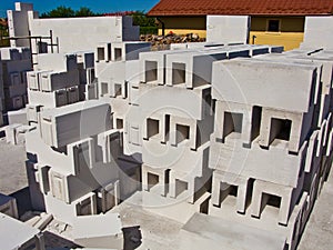 New home under construction, walls made of aerated concrete blocks