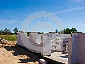 New home under construction, walls made of aerated concrete blocks