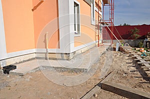 New house construction foundation waterproofing, damp proofing, insulation with contrete path to avoid water leaks for home wall