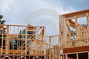 New house construction with wooden beams the ceiling and wall