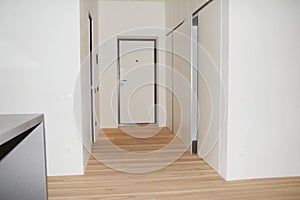 House Entrance door and entrace hall interior with hardwood floor.