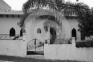 New house facade architecture with old style in the town of Binyamina Israel