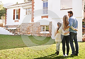 New house, love or happy family hug for real estate, property or dream home purchase, sale or investment. Mortgage