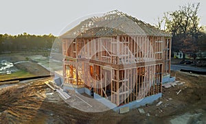 New house under construction exterior framing joist, beam close-up