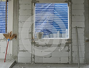 New house window structure use lightweight cement brick and white lintel plaster to joint for reinforce in site