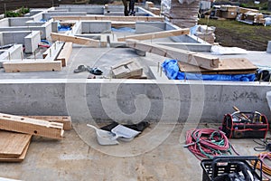 Foundation work of housing construction.