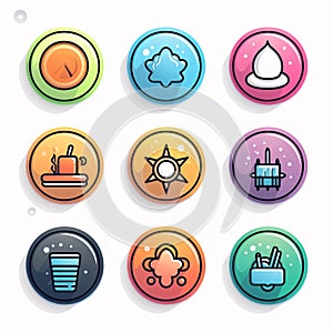 Food and drink icons set. Colorful round buttons with thin outline
