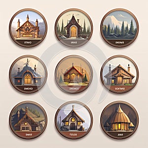 Set of wooden church icons in retro style. Vector illustration for your design