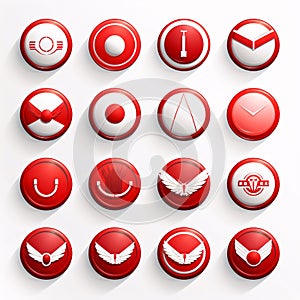 Vector set of red round icons with wings and rings on a white background