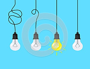 New idea banner. Background illustration of simplifying complex process, bright and dimly electric lightbulb, concept of