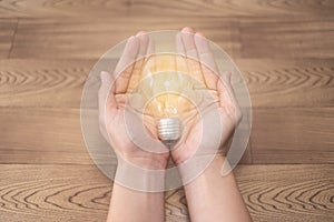 New idea concept, young women hand holding light bulb and coins on wooden backgrounds and new idea concept save power to save the.