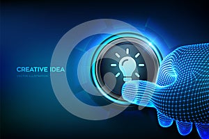 New idea. Creative Idea lamp icon. Creativity, innovation and inspiration modern technology and business concept. Closeup finger