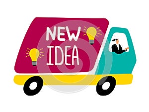 New idea delivery truck. Businesswoman drive truck with ideas vector illustration