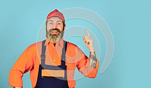 New idea. man wear boilersuit. bearded worker in overalls. Confident Mature Mechanic. Portrait Of Repairman. Worker in