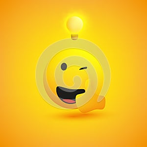 New Ideas - Smiling and Winking Emoji Showing Thumbs Up - Simple Shiny Happy Emoticon with Light Bulb on Yellow Background