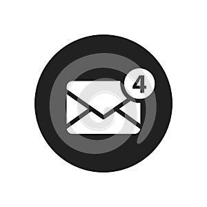 New incoming message icon on round background. Envelope with notification. Vector black flat email web illustration