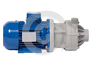 New industrial centrifugal pump with blue AC motor isolated on white background