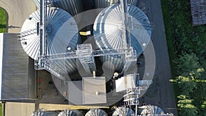 New industrial grain silos grain storage tanks from drone, aerial