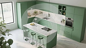 Modern kitchen interior featuring green cabinetry and a white marble countertop.