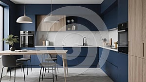 Modern kitchen interior featuring sleek, dark blue cabinets and integrated appliances