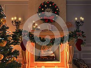 New interior with Christmas tree, presents and fireplace. Postcard.