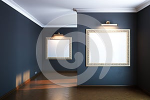 New interior gallery with wooden parquet and empty frames and lighters